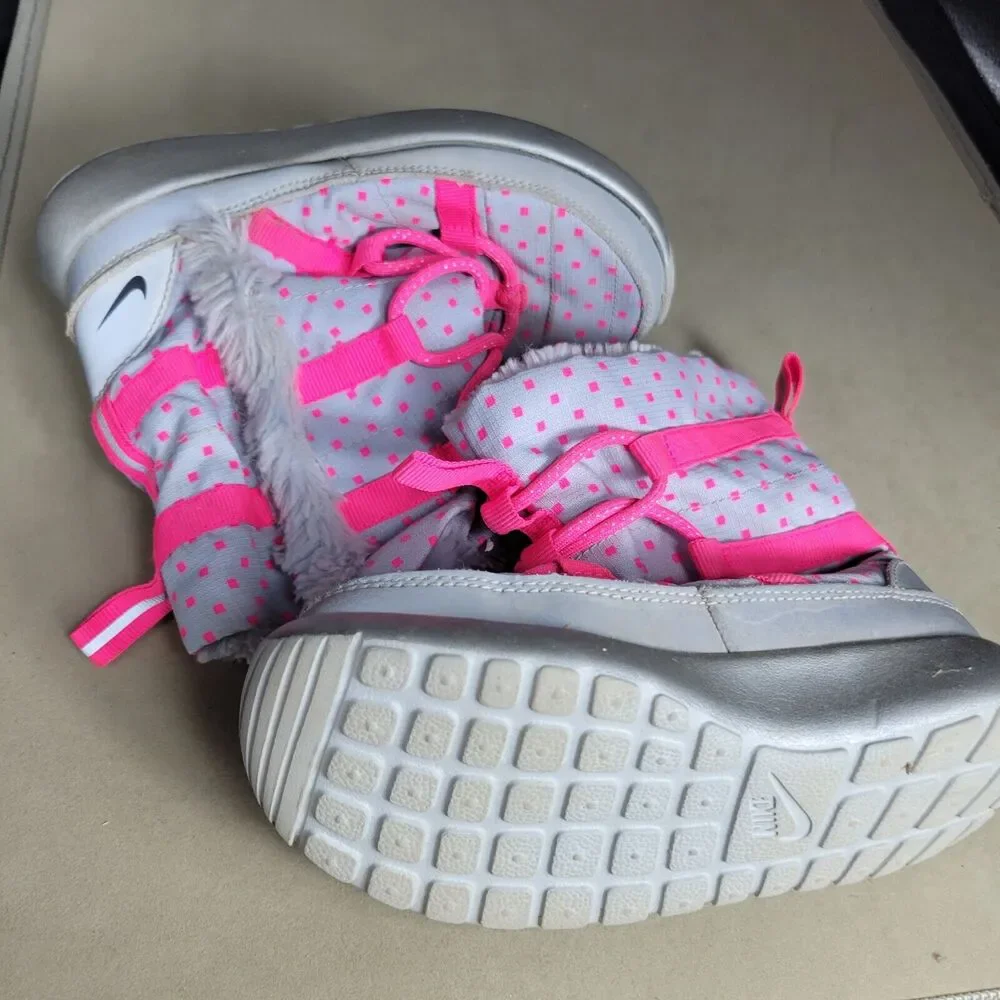 Nike Rosherun Hi Sneakerboot Girls 12 Silver Pink Comfy‎ Faux Leather Snow Boots